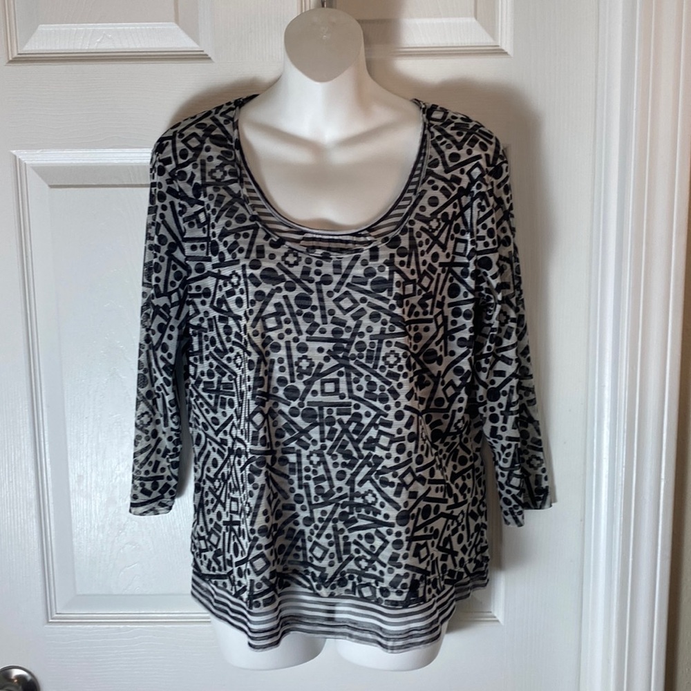 Ruby Rd. Petite Large Top Blouse Double Layer Sheer Geometric Print Black White